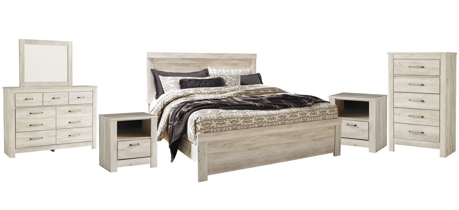 Bellaby Queen Panel Bed with Mirrored Dresser, Chest and 2 Nightstands Royal Furniture