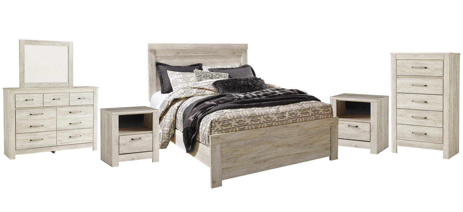 Bellaby Queen Panel Bed with Mirrored Dresser, Chest and 2 Nightstands Royal Furniture