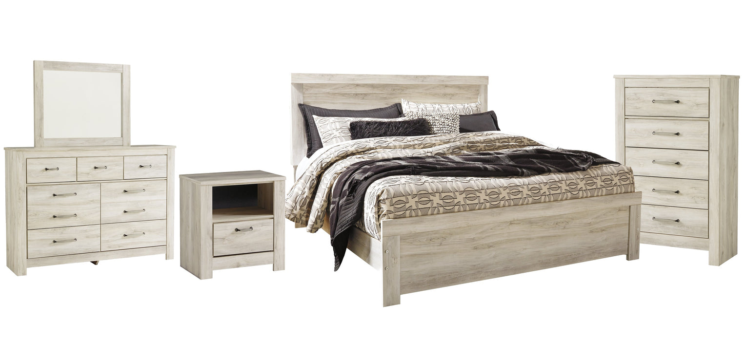 Bellaby Queen Panel Bed with Mirrored Dresser, Chest and Nightstand Royal Furniture