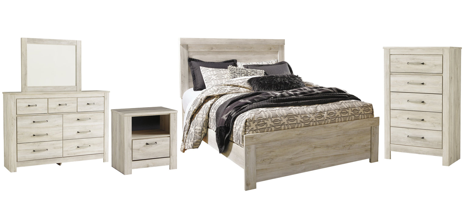 Bellaby Queen Panel Bed with Mirrored Dresser, Chest and Nightstand Royal Furniture