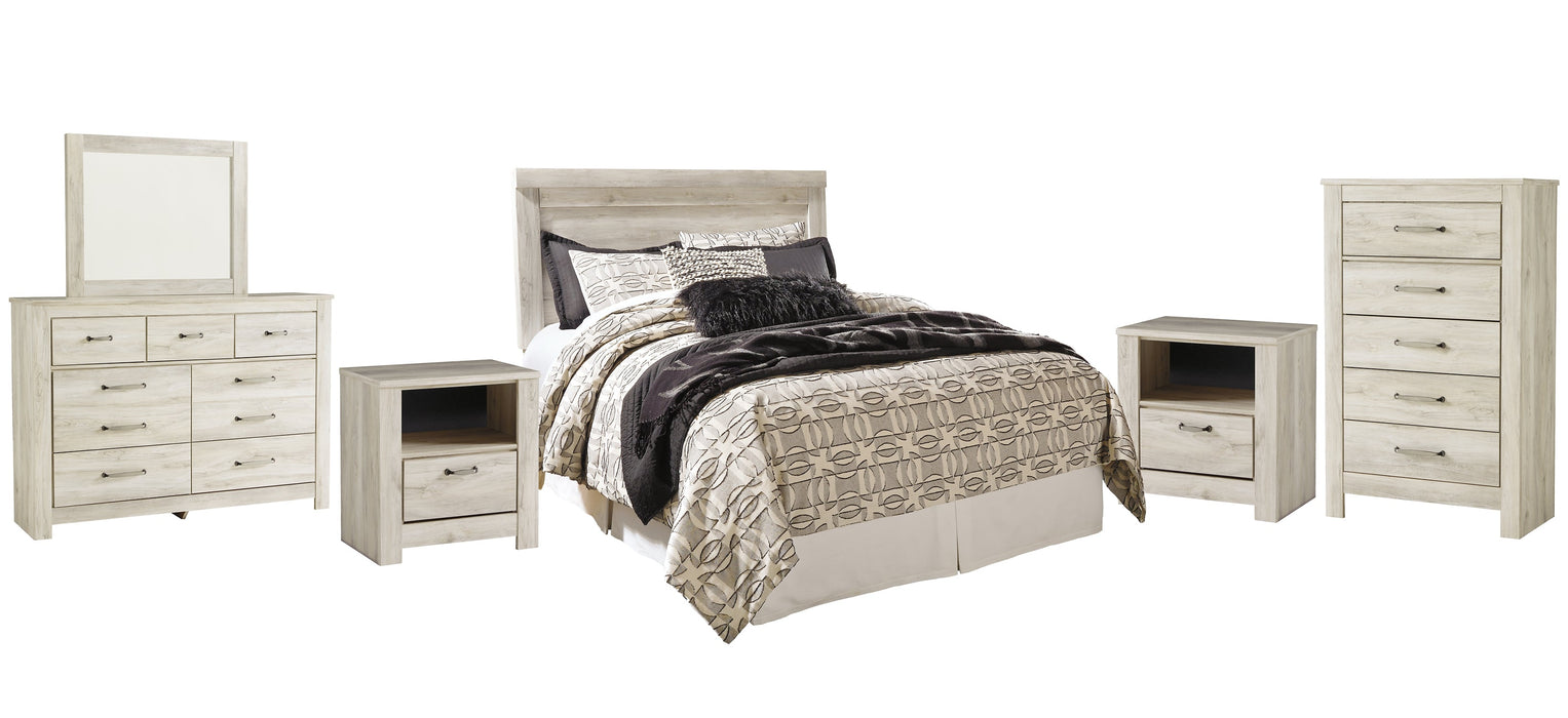 Bellaby Queen Panel Headboard with Mirrored Dresser, Chest and 2 Nightstands Royal Furniture