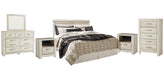 Bellaby Queen Panel Headboard with Mirrored Dresser, Chest and 2 Nightstands Royal Furniture