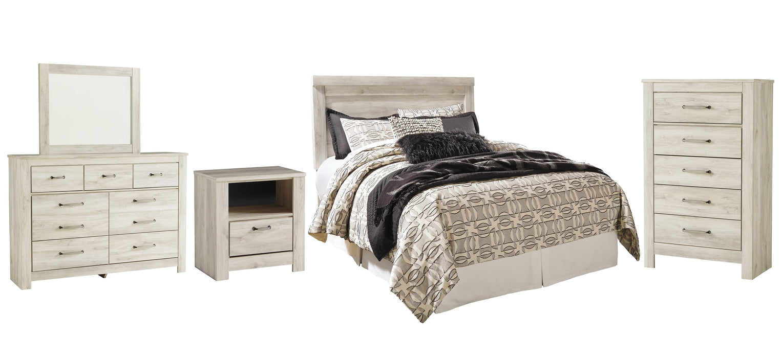 Bellaby Queen Panel Headboard with Mirrored Dresser, Chest and Nightstand Royal Furniture