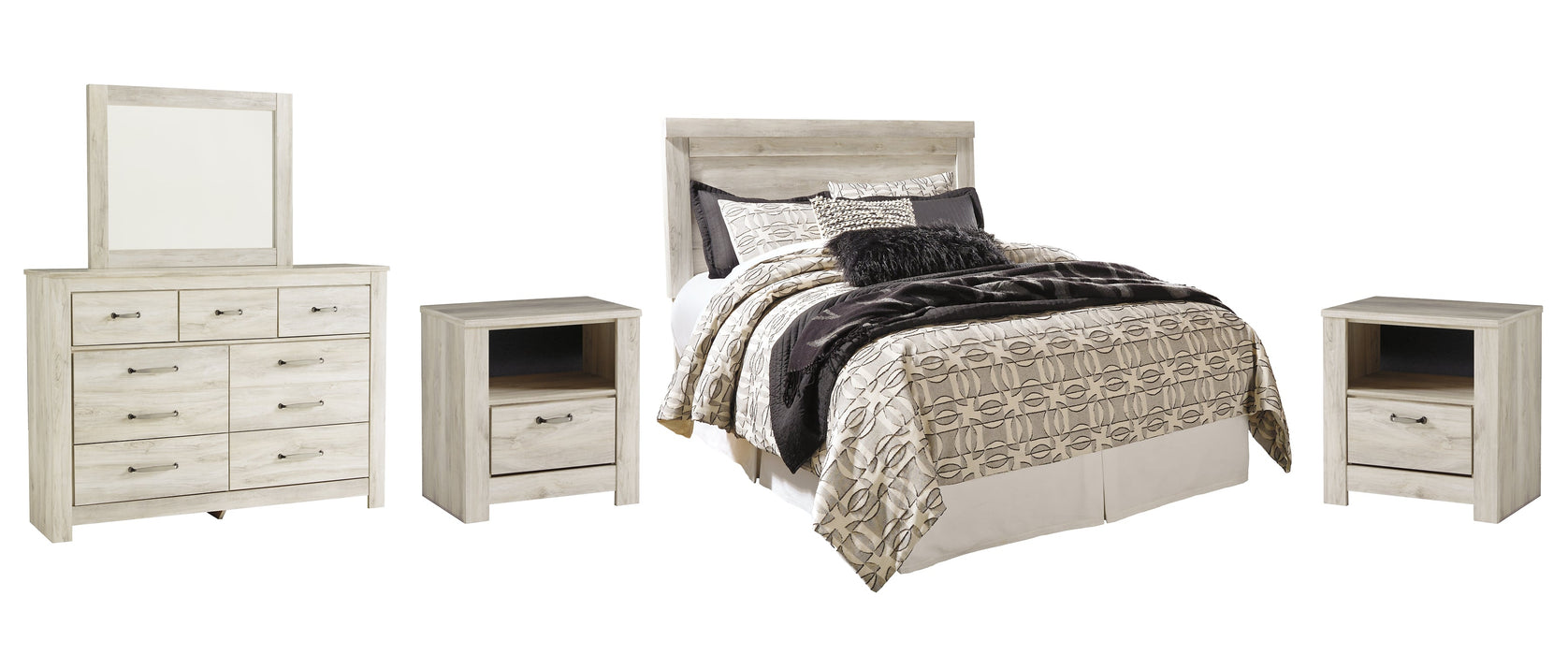 Bellaby Queen Panel Headboard with Mirrored Dresser and 2 Nightstands Royal Furniture