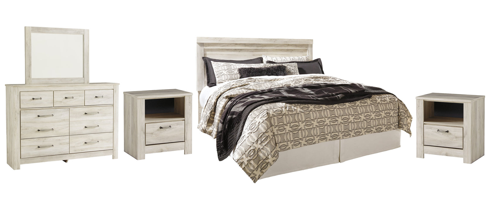 Bellaby Queen Panel Headboard with Mirrored Dresser and 2 Nightstands Royal Furniture