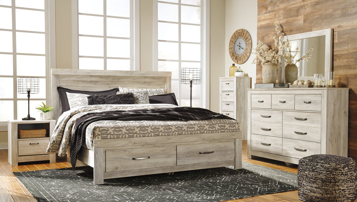 Bellaby Queen Platform Bed with 2 Storage Drawers with Mirrored Dresser, Chest and 2 Nightstands Royal Furniture