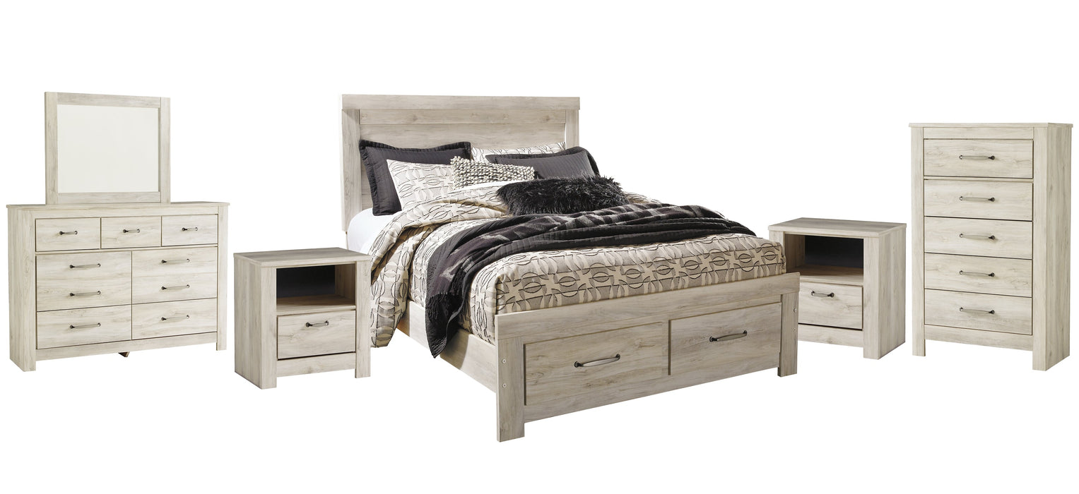 Bellaby Queen Platform Bed with 2 Storage Drawers with Mirrored Dresser, Chest and 2 Nightstands Royal Furniture