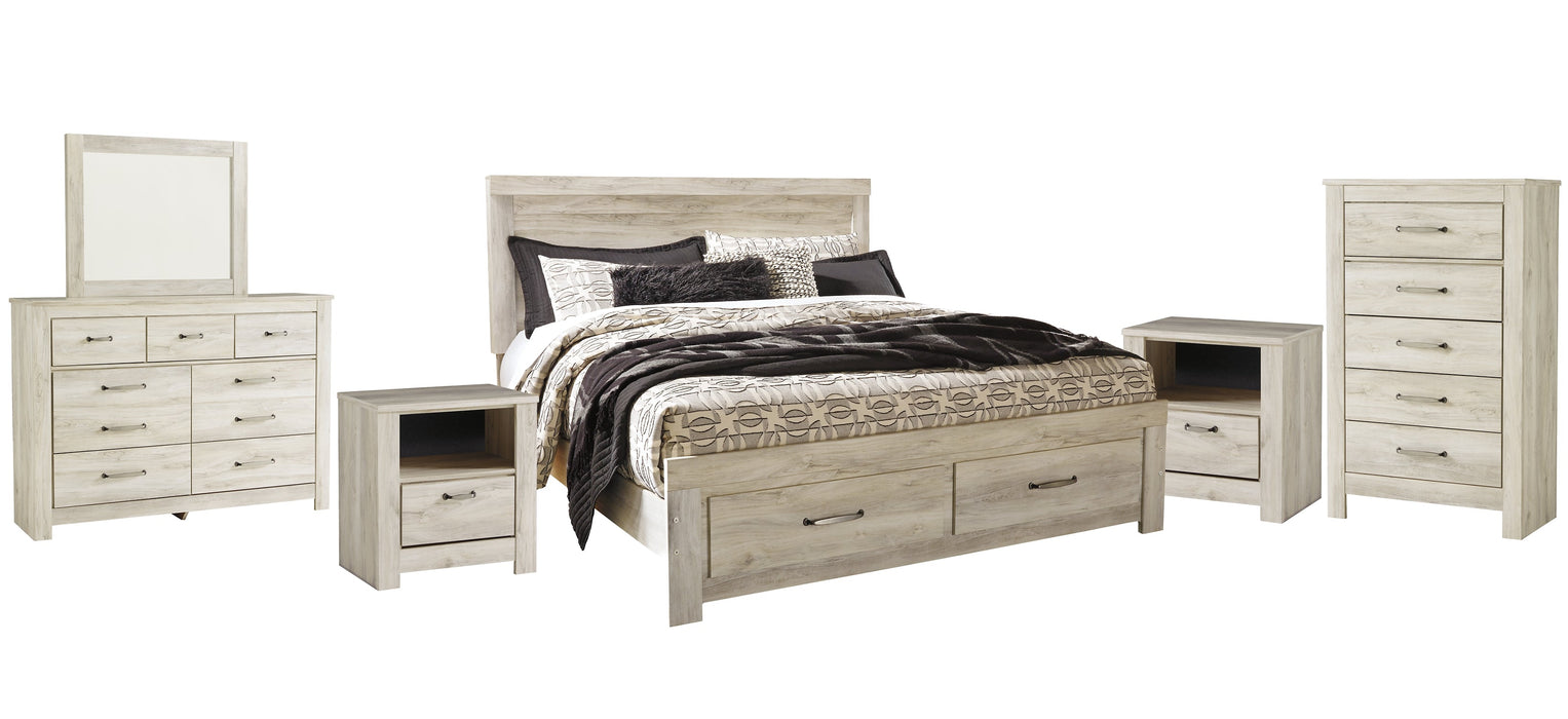 Bellaby Queen Platform Bed with 2 Storage Drawers with Mirrored Dresser, Chest and 2 Nightstands Royal Furniture