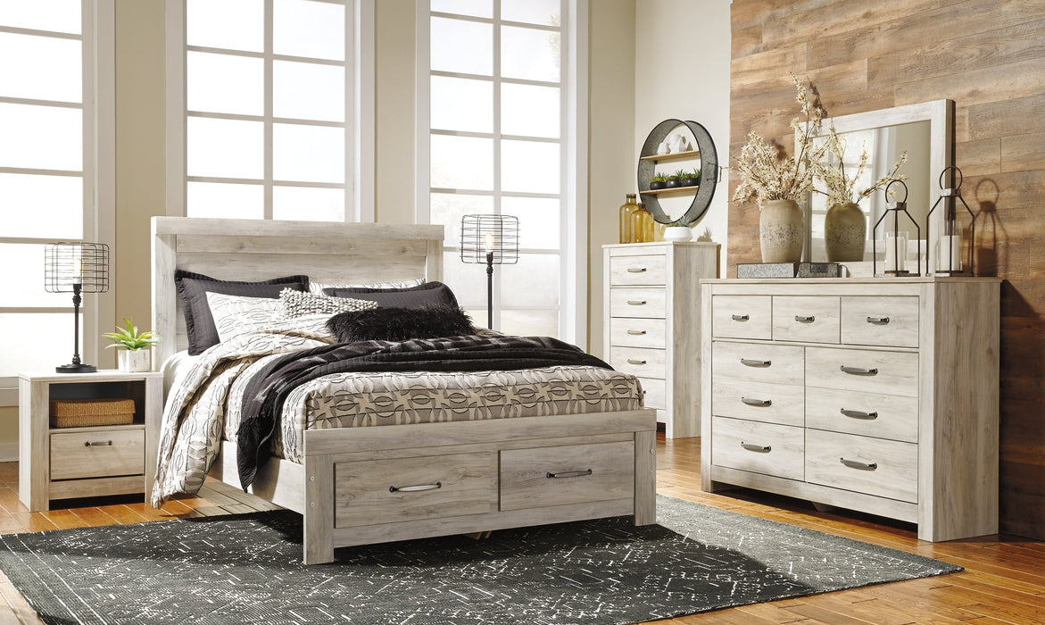 Bellaby Queen Platform Bed with 2 Storage Drawers with Mirrored Dresser, Chest and 2 Nightstands Royal Furniture