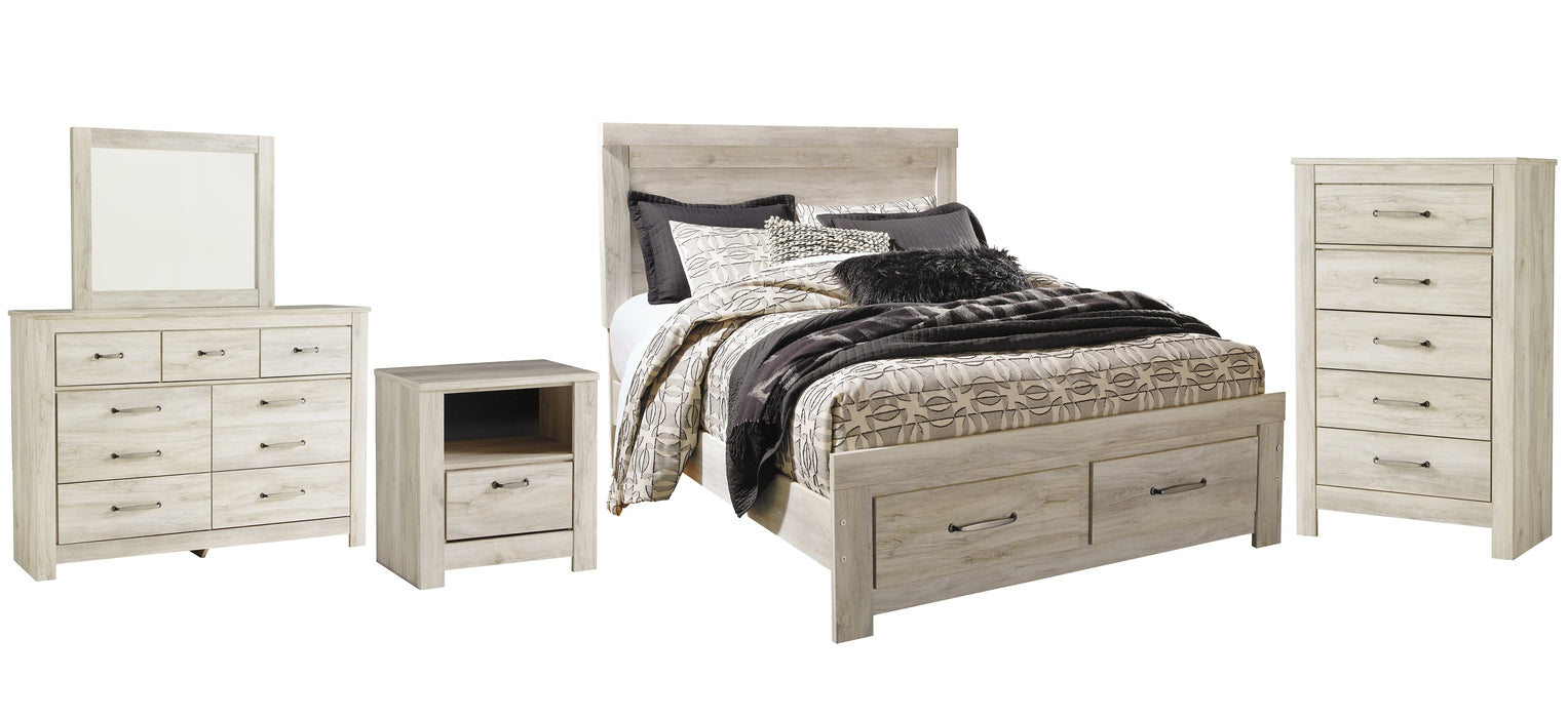 Bellaby Queen Platform Bed with 2 Storage Drawers with Mirrored Dresser, Chest and Nightstand Royal Furniture