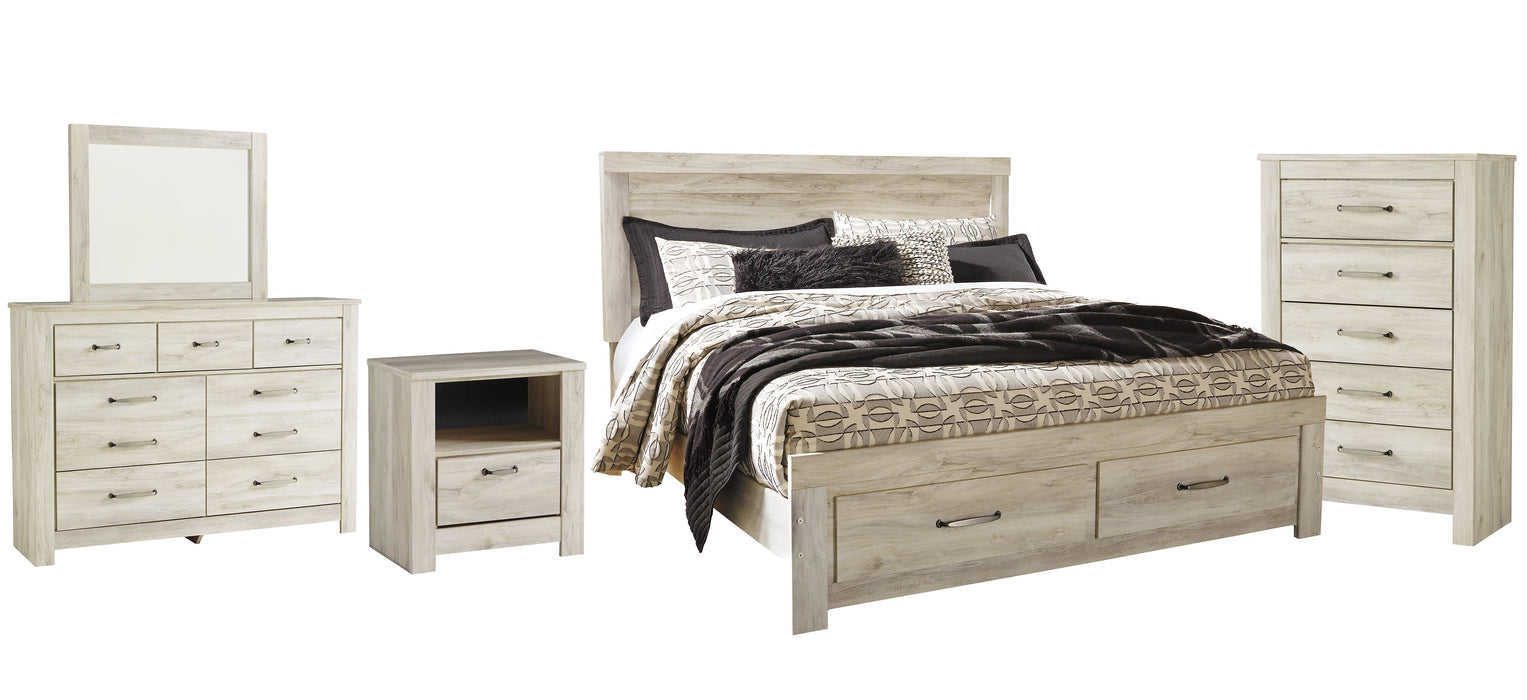 Bellaby Queen Platform Bed with 2 Storage Drawers with Mirrored Dresser, Chest and Nightstand Royal Furniture