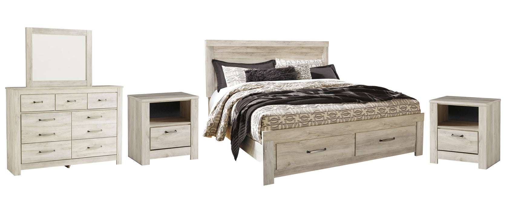 Bellaby Queen Platform Bed with 2 Storage Drawers with Mirrored Dresser and 2 Nightstands Royal Furniture