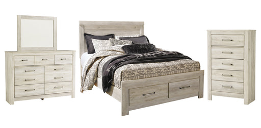 Bellaby Queen Platform Bed with 2 Storage Drawers with Mirrored Dresser and Chest Royal Furniture