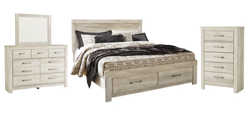 Bellaby Queen Platform Bed with 2 Storage Drawers with Mirrored Dresser and Chest Royal Furniture