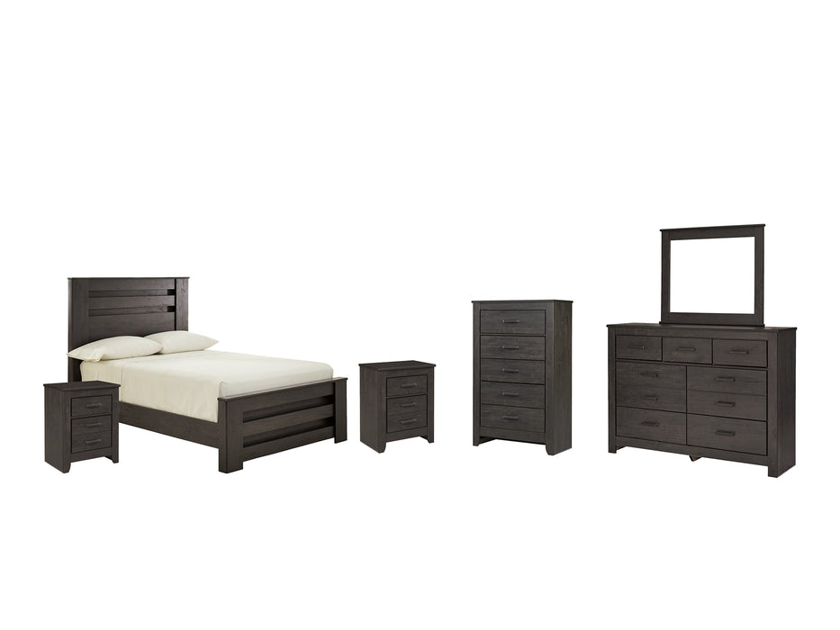 Brinxton Full Panel Bed with Mirrored Dresser, Chest and 2 Nightstands Royal Furniture