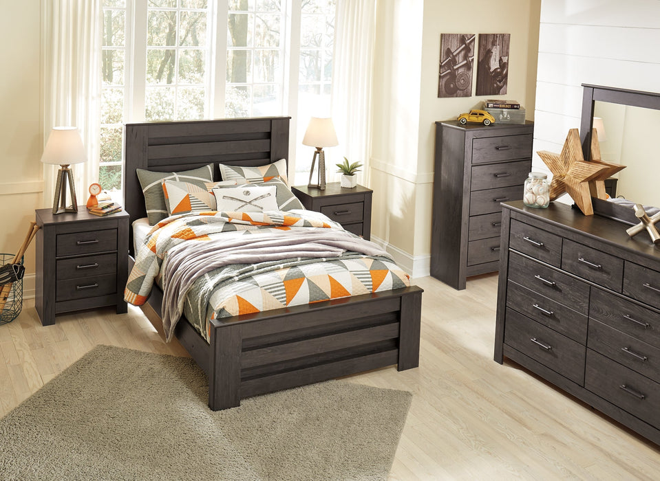 Brinxton Full Panel Bed with Mirrored Dresser and 2 Nightstands Royal Furniture