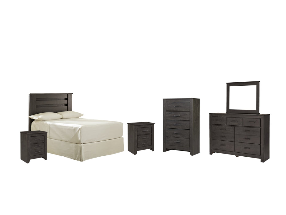 Brinxton Full Panel Headboard with Mirrored Dresser, Chest and 2 Nightstands Royal Furniture