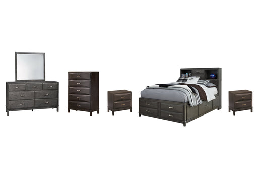 Caitbrook Queen Storage Bed with 8 Storage Drawers with Mirrored Dresser, Chest and 2 Nightstands Royal Furniture