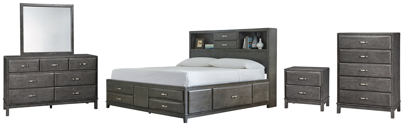 Caitbrook Queen Storage Bed with 8 Storage Drawers with Mirrored Dresser, Chest and Nightstand Royal Furniture