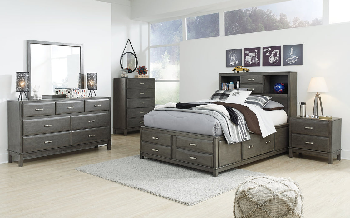 Caitbrook Queen Storage Bed with 8 Storage Drawers with Mirrored Dresser, Chest and Nightstand Royal Furniture