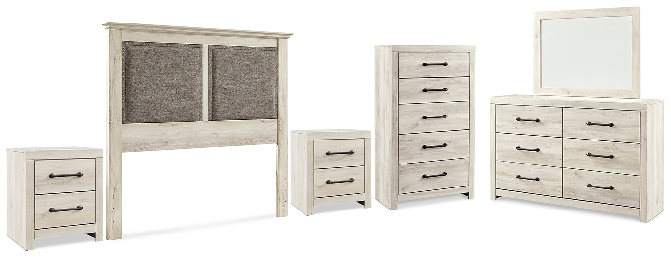 Cambeck King/California King Upholstered Panel Headboard with Mirrored Dresser, Chest and 2 Nightstands Royal Furniture