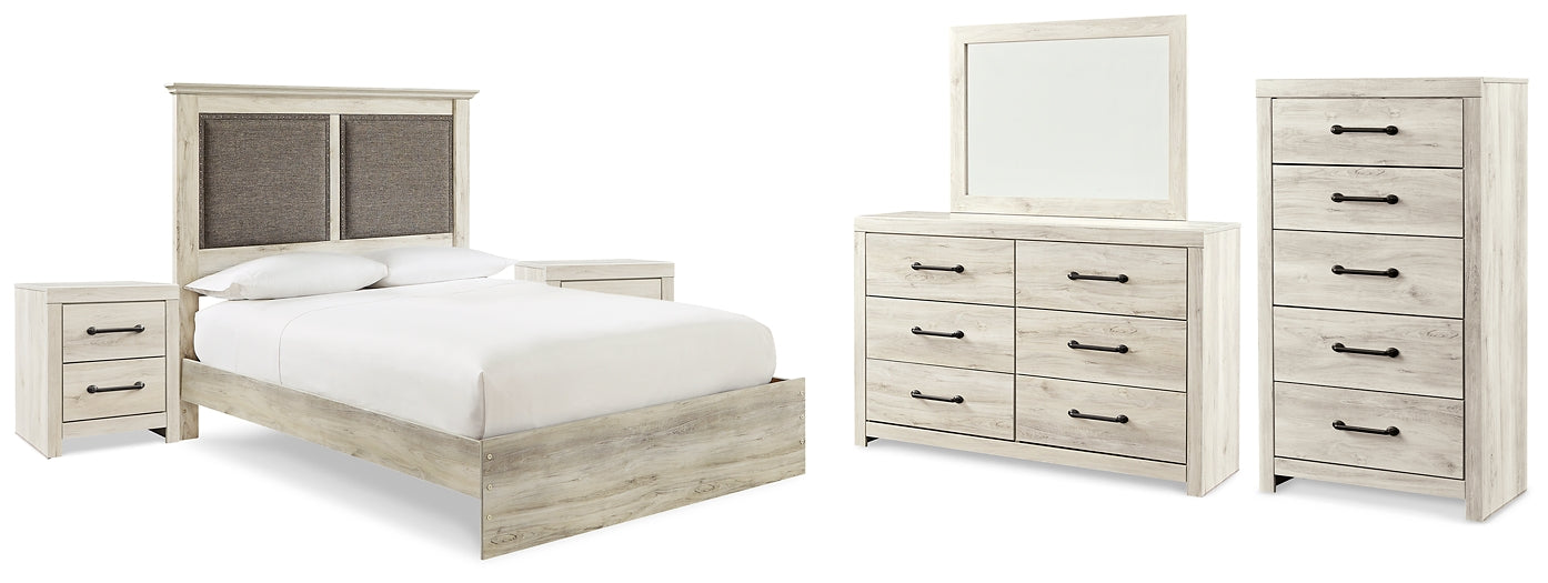 Cambeck King Upholstered Panel Bed with Mirrored Dresser, Chest and 2 Nightstands Royal Furniture