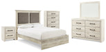 Cambeck King Upholstered Panel Bed with Mirrored Dresser, Chest and Nightstand Royal Furniture