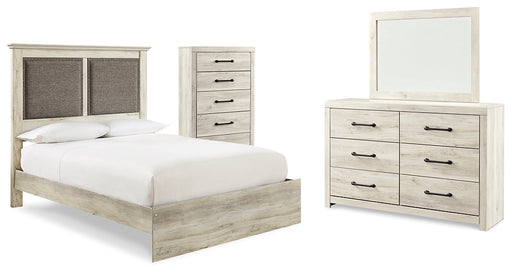 Cambeck King Upholstered Panel Bed with Mirrored Dresser and Chest Royal Furniture