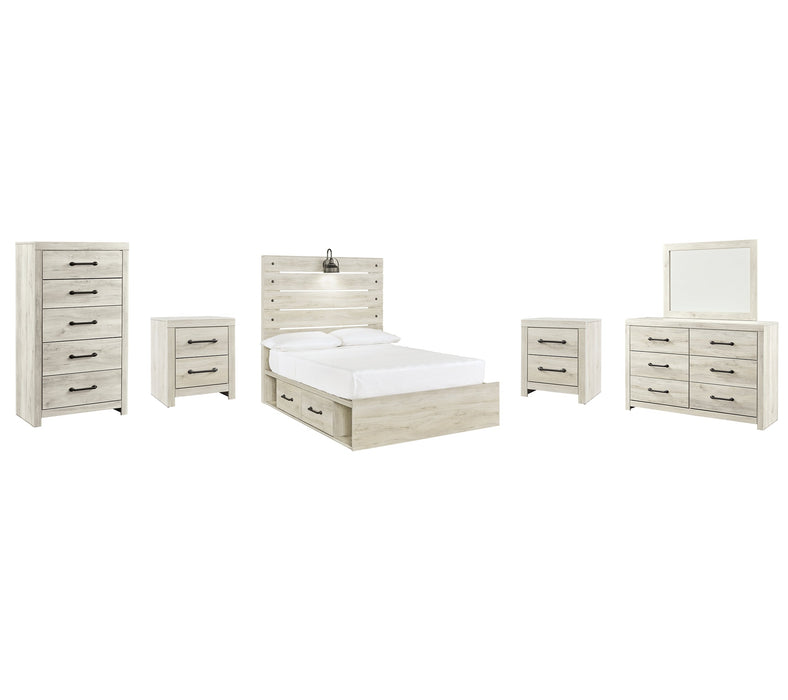 Cambeck Queen Panel Bed with 2 Storage Drawers with Mirrored Dresser, Chest and 2 Nightstands Royal Furniture