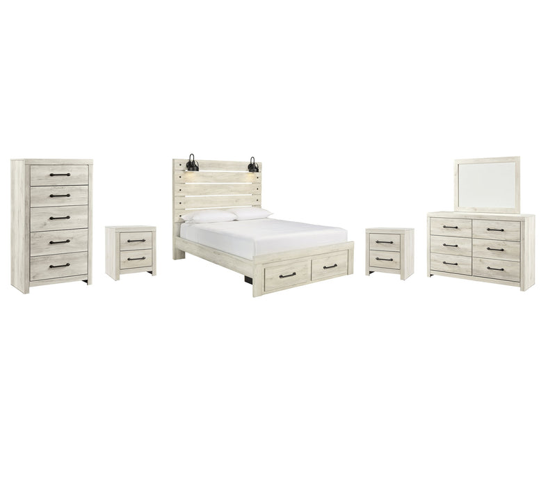 Cambeck Queen Panel Bed with 2 Storage Drawers with Mirrored Dresser, Chest and 2 Nightstands Royal Furniture