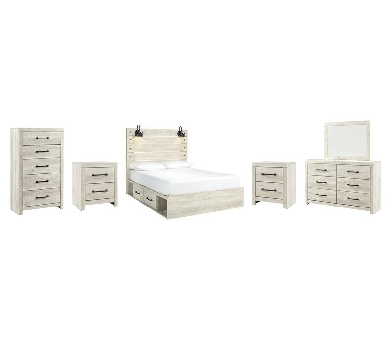 Cambeck Queen Panel Bed with 2 Storage Drawers with Mirrored Dresser, Chest and 2 Nightstands Royal Furniture