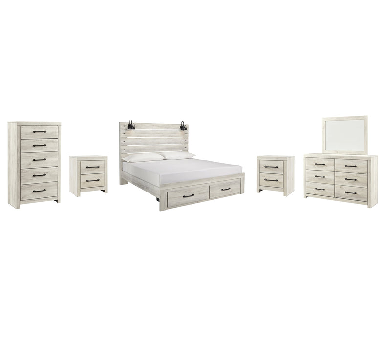 Cambeck Queen Panel Bed with 2 Storage Drawers with Mirrored Dresser, Chest and 2 Nightstands Royal Furniture