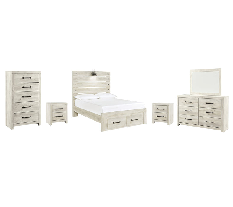 Cambeck Queen Panel Bed with 2 Storage Drawers with Mirrored Dresser, Chest and 2 Nightstands Royal Furniture