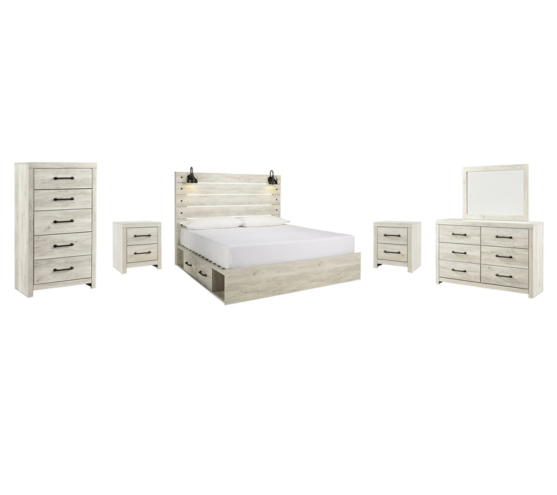 Cambeck Queen Panel Bed with 2 Storage Drawers with Mirrored Dresser, Chest and 2 Nightstands Royal Furniture