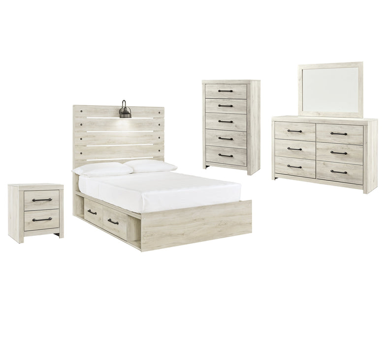 Cambeck Queen Panel Bed with 2 Storage Drawers with Mirrored Dresser, Chest and Nightstand Royal Furniture