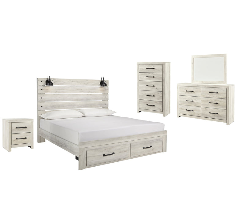 Cambeck Queen Panel Bed with 2 Storage Drawers with Mirrored Dresser, Chest and Nightstand Royal Furniture