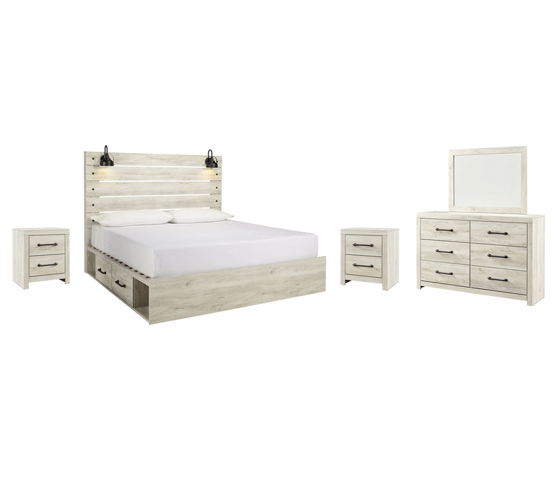 Cambeck Queen Panel Bed with 2 Storage Drawers with Mirrored Dresser and 2 Nightstands Royal Furniture