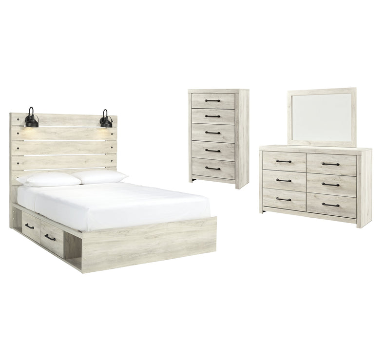 Cambeck Queen Panel Bed with 2 Storage Drawers with Mirrored Dresser and Chest Royal Furniture