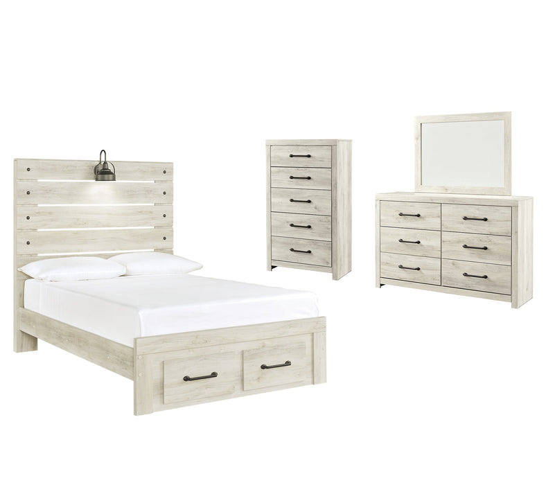 Cambeck Queen Panel Bed with 2 Storage Drawers with Mirrored Dresser and Chest Royal Furniture