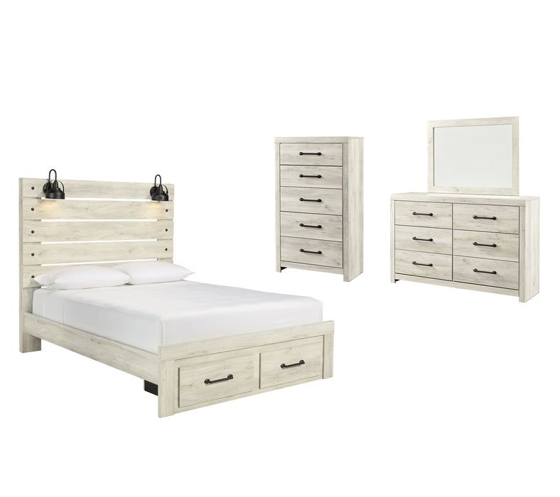 Cambeck Queen Panel Bed with 2 Storage Drawers with Mirrored Dresser and Chest Royal Furniture