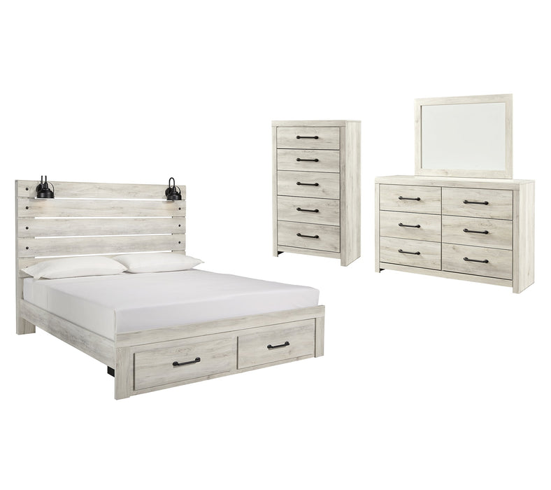 Cambeck Queen Panel Bed with 2 Storage Drawers with Mirrored Dresser and Chest Royal Furniture