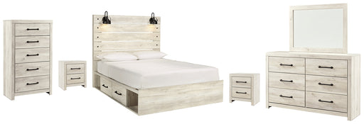 Cambeck Queen Panel Bed with 4 Storage Drawers with Mirrored Dresser, Chest and 2 Nightstands Royal Furniture