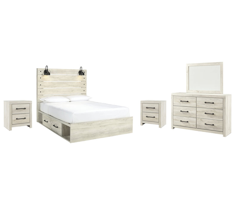 Cambeck Queen Panel Bed with 4 Storage Drawers with Mirrored Dresser and 2 Nightstands Royal Furniture