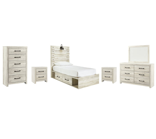 Cambeck Twin Panel Bed with 4 Storage Drawers with Mirrored Dresser, Chest and 2 Nightstands Royal Furniture