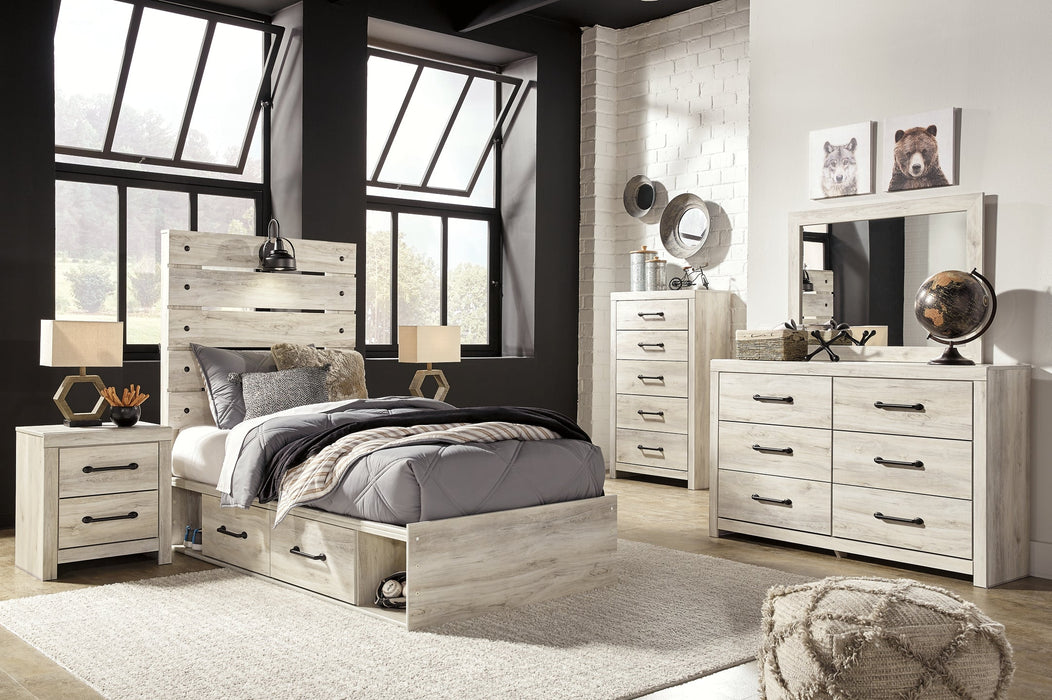 Cambeck Twin Panel Bed with 4 Storage Drawers with Mirrored Dresser, Chest and 2 Nightstands Royal Furniture