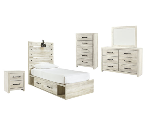 Cambeck Twin Panel Bed with 4 Storage Drawers with Mirrored Dresser, Chest and Nightstand Royal Furniture