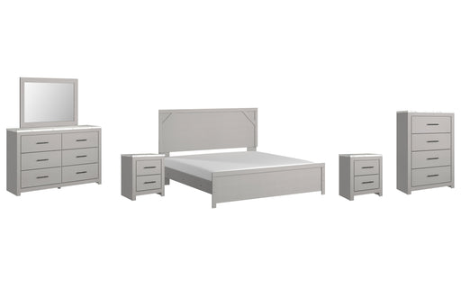 Cottonburg King Panel Bed with Mirrored Dresser, Chest and 2 Nightstands Royal Furniture