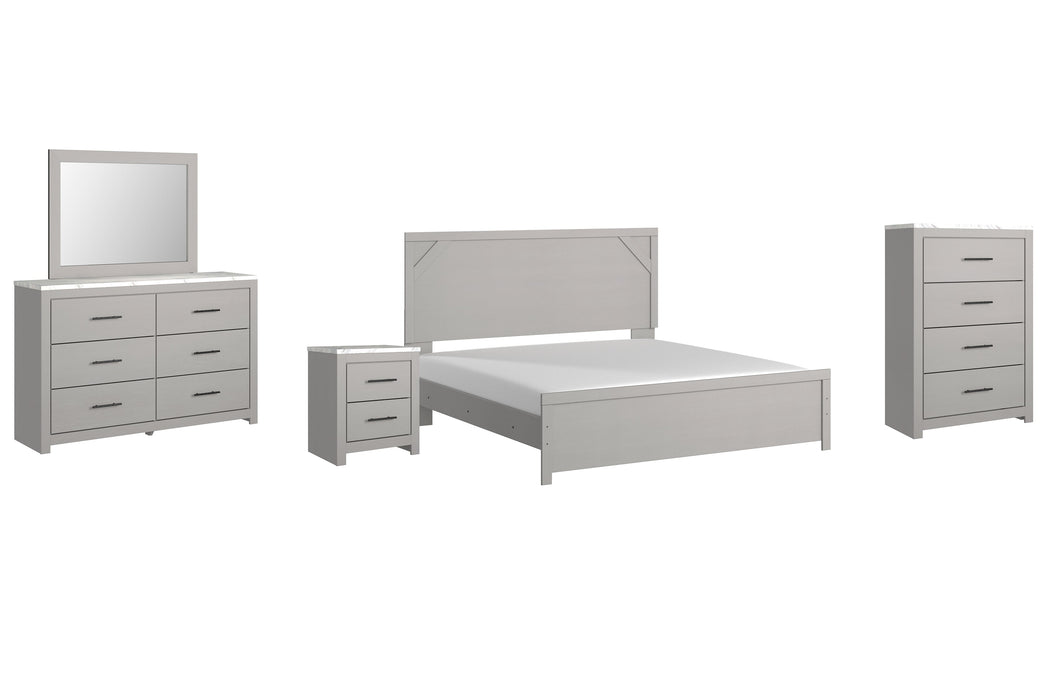 Cottonburg King Panel Bed with Mirrored Dresser, Chest and Nightstand Royal Furniture