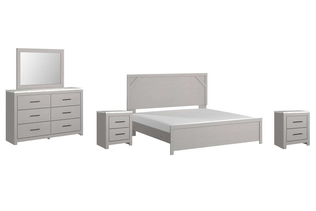 Cottonburg King Panel Bed with Mirrored Dresser and 2 Nightstands Royal Furniture