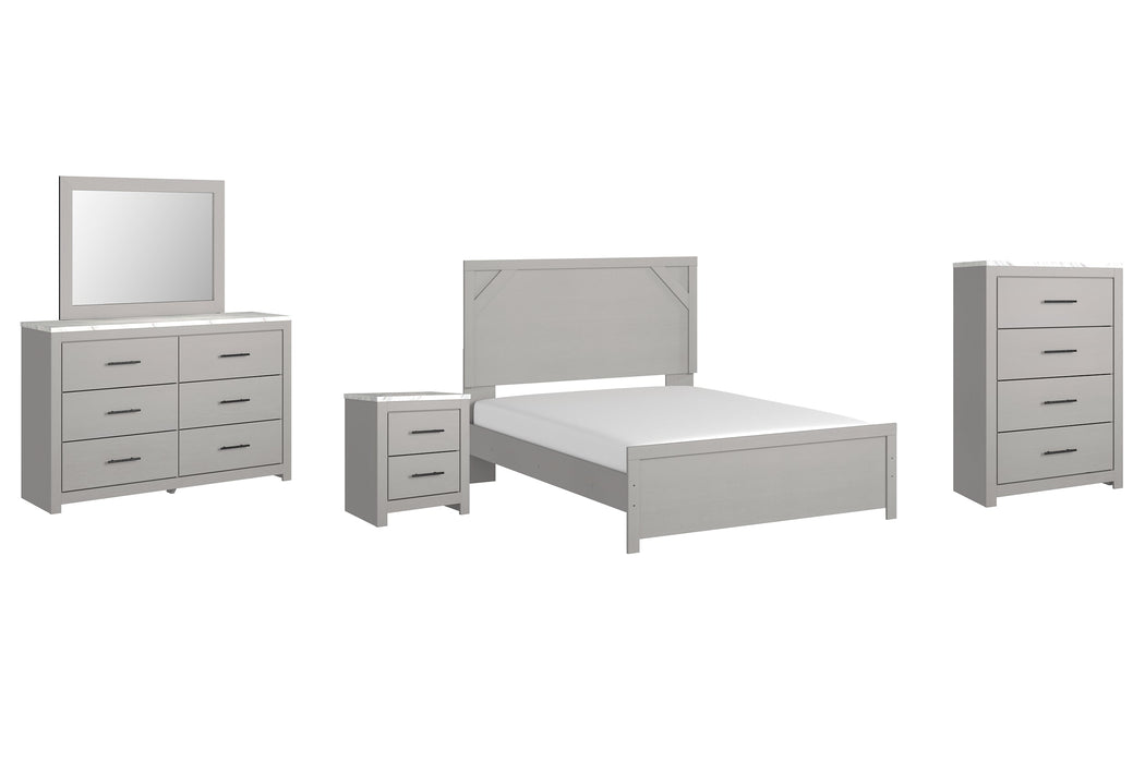 Cottonburg Queen Panel Bed with Mirrored Dresser, Chest and Nightstand Royal Furniture